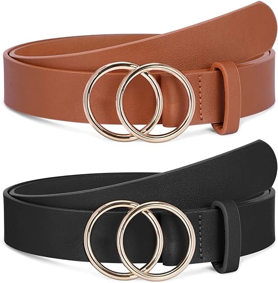 SANSTHS 2 Pack Women Leather Belts Faux Leather Jeans Belt with Double O-Ring Buckle Size up to 58 inch